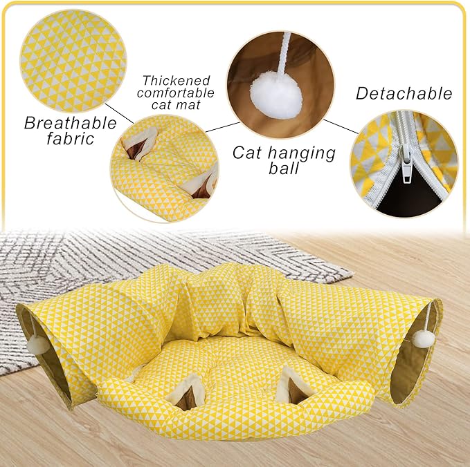 Andiker Cat Tunnels for Indoor Cats with Mat, 2 in 1 Collapsible&Zipper Detachable Soft Cat Bed with A Plush Ball Hideout Cat Interactive Toy Easy to Wash and Clean for All Seasons (Yellow, Moon)
