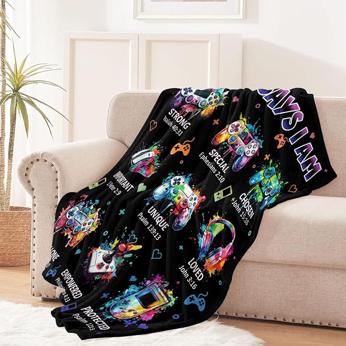 CIUGOIG Christian Gifts for Men Boys, God Says I Am Gamer Blanket 50"x60", Inspirational Religious Birthday Gifts for Game Lover Bible Verse Blanket, Gaming Gifts for Gamer, Christian Game Gifts