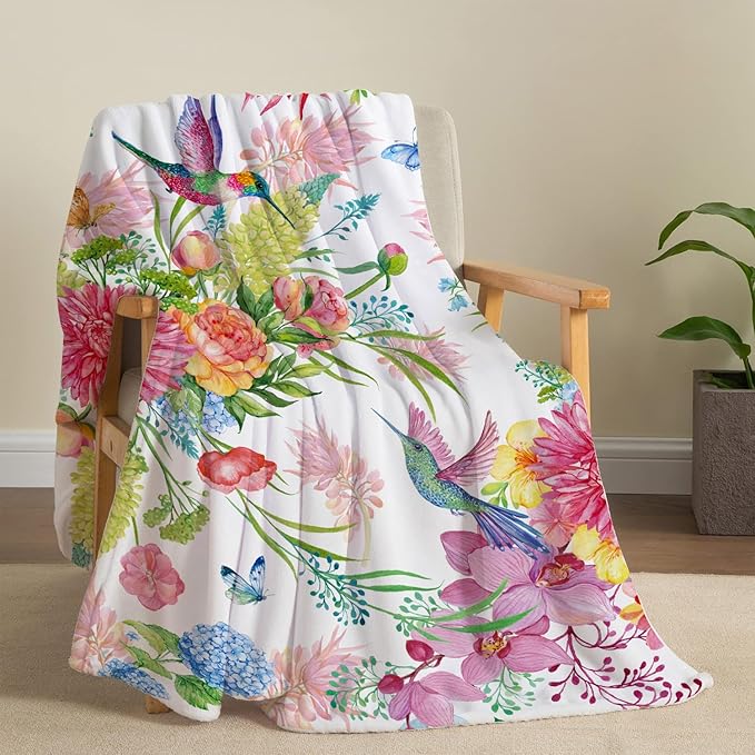 Hummingbird Throw Blanket Floral Flower Throw Blanket Spring Colorful Flannel Fleece Throw Blankets Gifts for Women Children Soft Cozy Plush Throw Blankets 60" x 80"