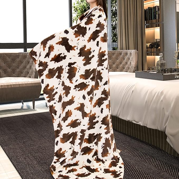 Cow Print Blanket Soft Warm Twin Blankets and Throws Bedding Fleece Blanket Lightweight Fuzzy Couch Sofa Throw Blanket Brown Bed Blanket Gifts Adults Mom Dad Couples Travel Camping 60x80 inch