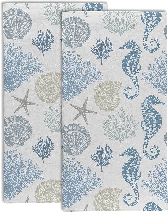 Seahorse Seashells Starfish and Coral Hand Towel for Bathroom Set of 2,Blue Marine Lifes Bathroom Hand Towel,Soft Absorbent Decorative for Hotel Home Decor
