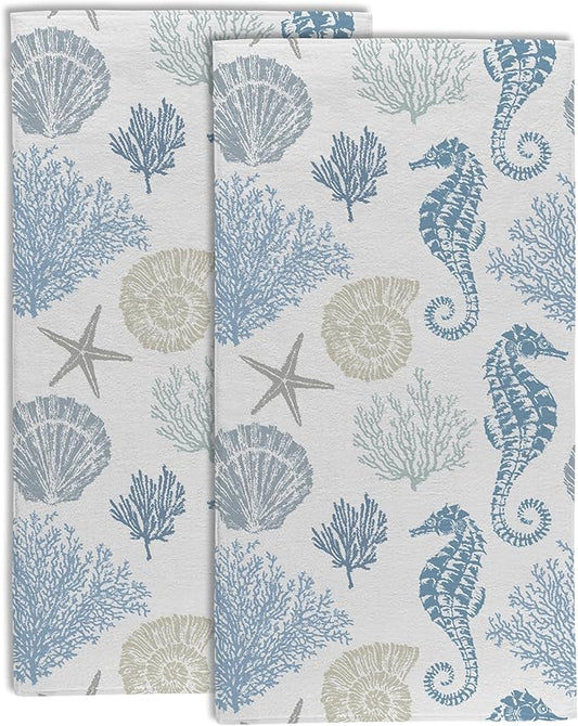 Seahorse Seashells Starfish and Coral Hand Towel for Bathroom Set of 2,Blue Marine Lifes Bathroom Hand Towel,Soft Absorbent Decorative for Hotel Home Decor