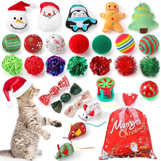 Shappy 31 Pcs Christmas Cat Toy Gifts Bag Set Assorted Toys Variety Cat Christmas Toys Xmas Gift Set for Kitten Kitty