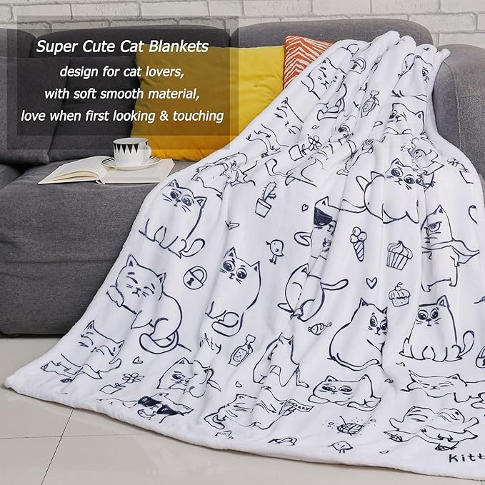 Cute Cat Blanket, Soft Kids Throw Blanket Blanket for Cat Lovers Gifts for Girls Women Cats Throw Blanket Flannel Fleece Blankets for Couch Bed Sofa (cat 2, 48" X 60")