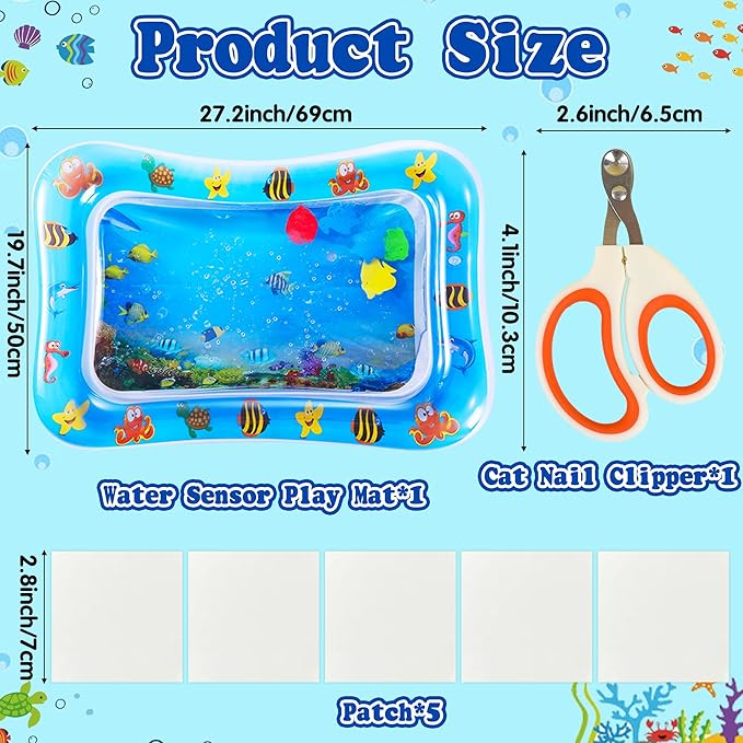 Upgraded Cat Water Sensory Mat with Patches Set - Thickened Water Playmat for Cats, Patches, Clipper, Fun Summer Toy for Bored Indoor Cat Self Play Rest Feel Cool Comfort (Rectangle)