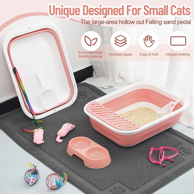 2 Set 14 Pcs Cat Kitten Starter Kit Foldable Cat Litter Box with Shovel Small Litter Pan Collapsible Cat Toilet Paw Litter Mat Cat Collars Cat Bowls Cat Toys Teaser Stick for Beginner(Pink)