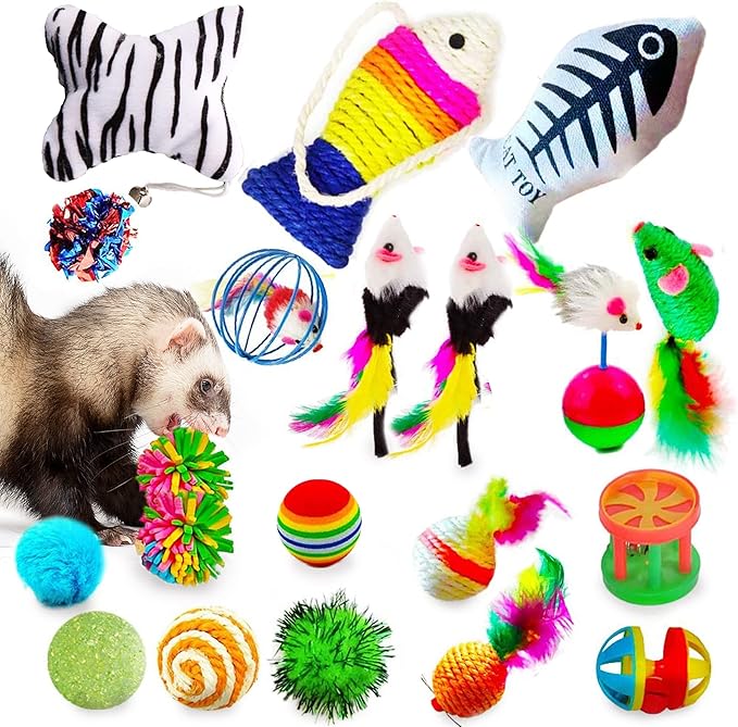 CoCoo Ferret & Cat Toy Variety Pack, Activity Set of Mylar Balls, Chew Toys, Catnip Pouches, Play Mice & Bells, Great for Persians, Maine Coons, Calicos & Tabby Cats, 20 Pcs