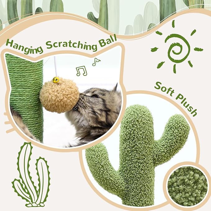 SC30 Tall Scratching Post for Cats, 30in Cactus Cat Scratching Post Cat Scratcher Cute Sisal Large Cat Scratching Post with Modern Wooden Ball Tracking Interactive Toys