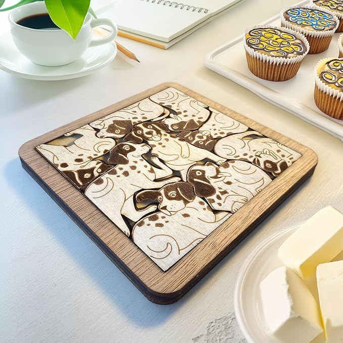 02 German Shorthaired Pointer Dog Coaster - GSP Dog Puzzle Wooden Coaster Set - Interlocking Jigsaw Drink Mats with Laser-Cut Design for German Shorthaired Pointer Lovers