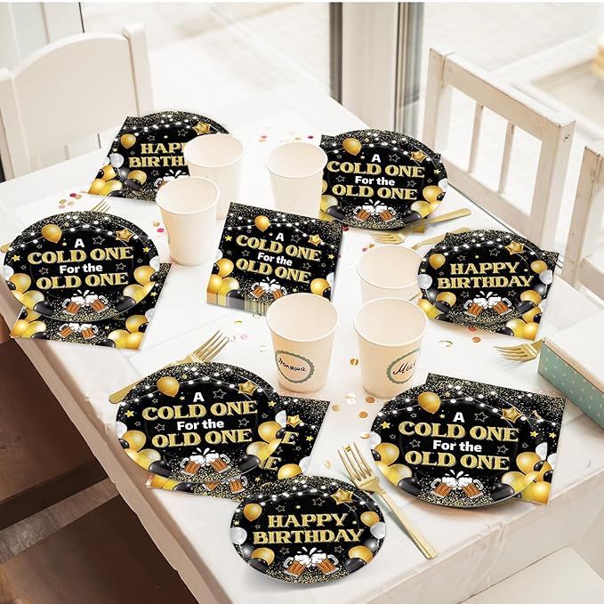 96 Pcs A Cold One for The Old One Party Decorations Black Gold Tableware Set for Men Party Favor Cheers Birthday Party Plates and Napkins for 30th 40th 50th Dinnerware Supplies for 24 Guests