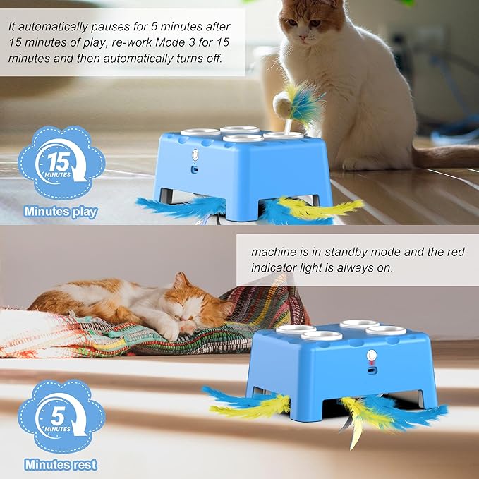 Cat Toys, Interactive Cat Toys, 2-in-1 Automatic Cat Toy, 4 Holes Mice Whack A Mole Cat Mouse Toy with Moving Feather, Portable USB Rechargeable Electronic Kitten Toys (Blue)