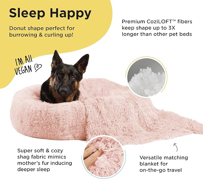 Best Friends by Sheri Bundle Set The Original Calming Shag Donut Cuddler Cat and Dog Bed + Pet Throw Blanket Cotton Candy Pink Large 36" x 36"
