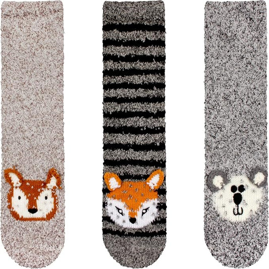 BambooMN Super Soft Warm Cute Animal Face Non-Slip Fuzzy Crew Winter Home Socks, Value Pack