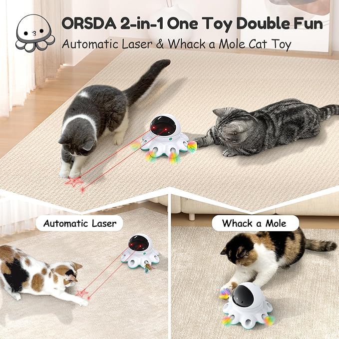 ORSDA Cat Laser Toy, 2-in-1 Interactive Cat Toys for Indoor Cats, Automatic Laser Pointer Cat Toy, 8 Holes Mice Whack A Mole Moving Feather, USB Rechargeable Electronic Kitten Toys for All Breeds