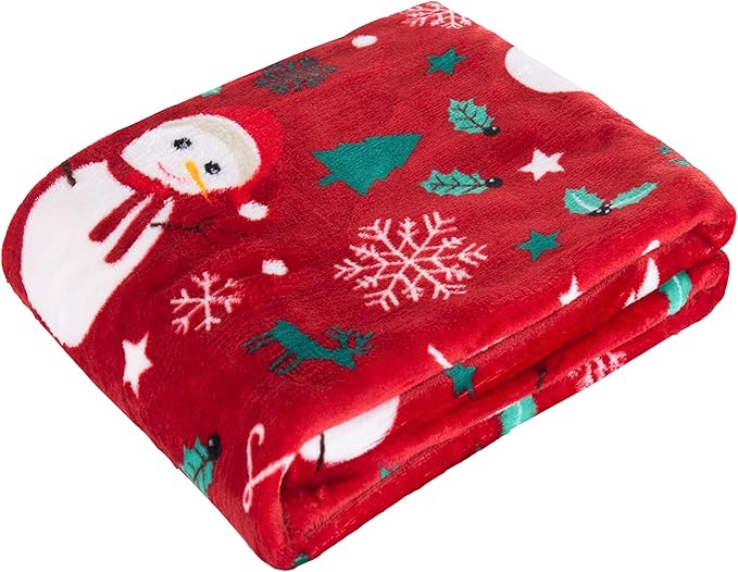 Elegant Comfort Velvet Touch Ultra Plush Christmas Holiday Printed Fleece Throw/Blanket-50 x 60inch, (Red Snowman), 50 x 60 inch