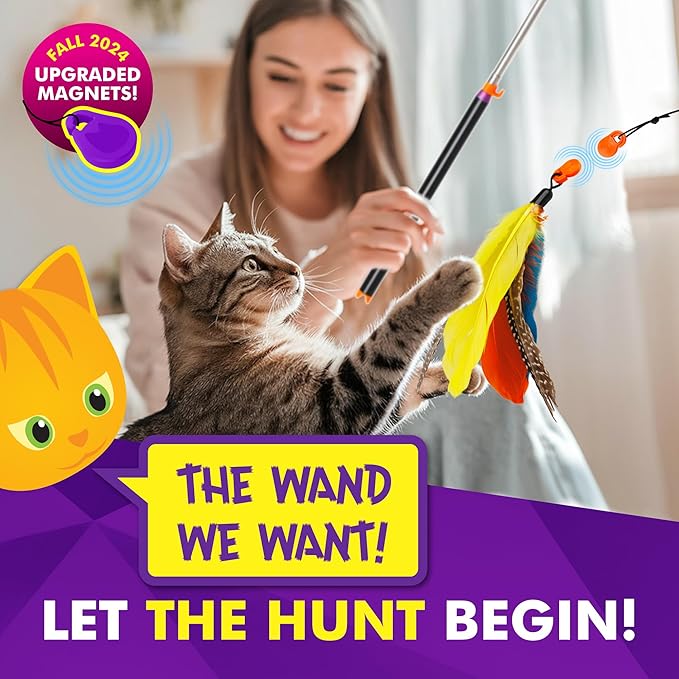 Snatch - Magnetic Cat Wand Toy - Telescoping, Durable Cat Feather Toy - Cat Fishing Pole Toy - Teaser Wand String Toy - Heavy Duty Cat Stick Toy - Cats Can Really Catch!
