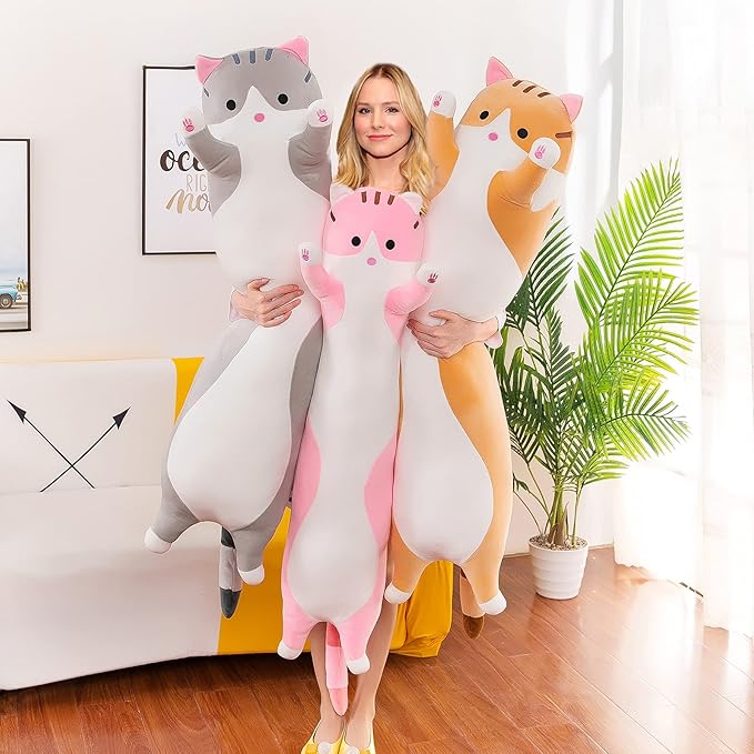 Cute Cat Plush Long Body Pillow, 43 inch Cat Stuffed Animals Plushie Toy Soft Throw Sleeping Cotton Kitten Pillow Gift for Kids Girls (Pink, 43.3")