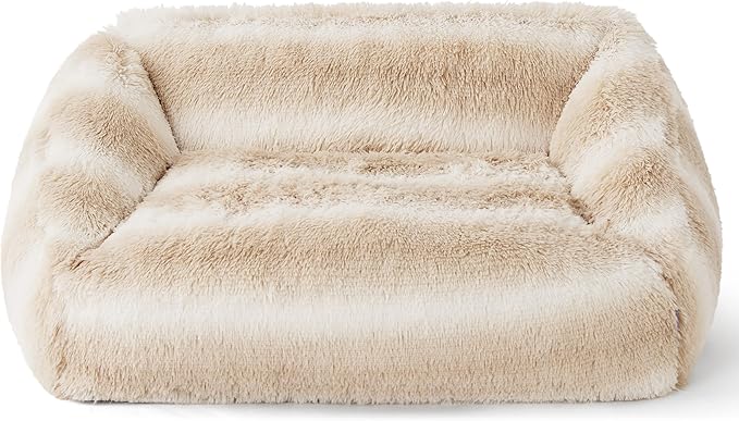 Lesure Cute Cat Couch Bed - Furry Indoor Cat Sofa Large, Washable Calming Small Dog Beds for Puppy with Fashion Design, 26x21x9inches, Beige Stripe