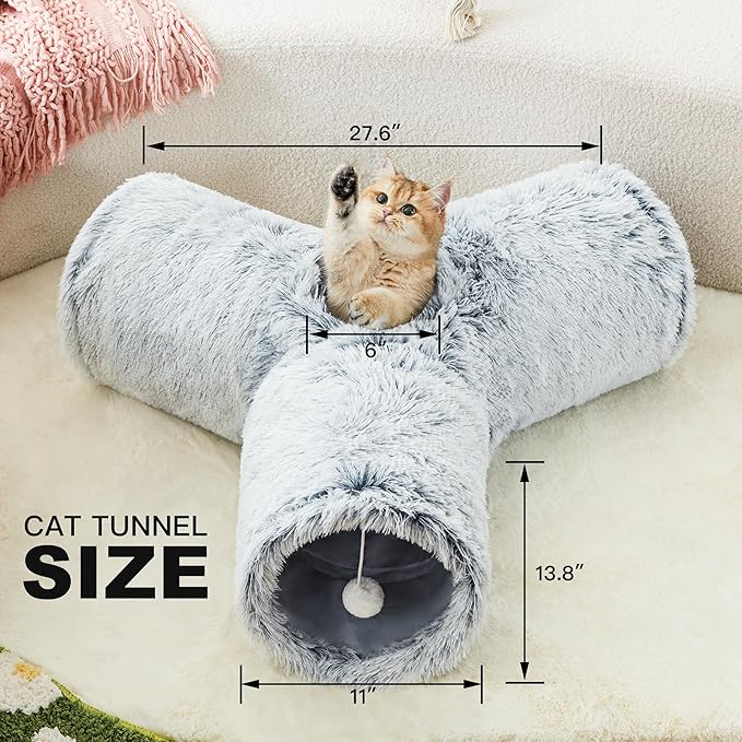 Tempcore Plush Pet Cat Tunnel Tube Cat Toys 3 Way Collapsible, Cat Tunnels for Indoor Cats，Kitty Tunnel Bored Cat Pet Toys Peek Hole Toy Ball Cat, Puppy, Kitty, Kitten, Rabbit Light Grey