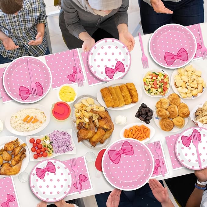 200 PCS Pink Cat Party Supplies Cute Cat Birthday Paper Plates and Napkins Tableware Set Cats Dinner Dinner Dessert Plates Decorations for Birthday Baby Shower Cute Bow Party Favors for 50 Guests