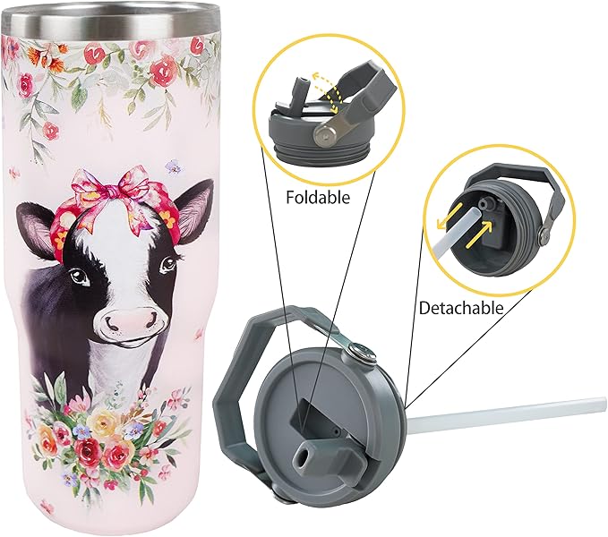 30oz Cow Print Tumbler with Handle and Straw， Just A Girl Who Loves Cows， Cow and Flower Coffee Cup， Stainless Steel Vacuum Insulated Tumbler, Cow Stuff Accessories Decor, Cow Gifts for Women