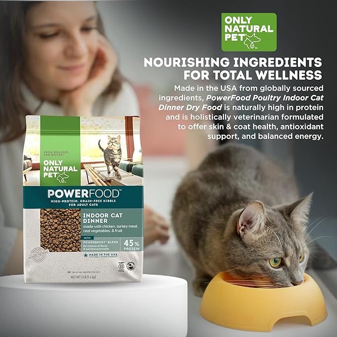 Only Natural Pet Powerfood Poultry Indoor Cat Dinner Dry Food - High-Protein Grain Free Kibble for Adult Cats, Made in USA and Supports Skin & Coat, Heart, & Immune Health, 3 Lb Bag