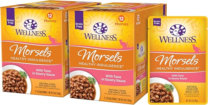 Wellness Healthy Indulgence Morsels Grain-Free Wet Cat Food, Made with Natural Ingredients and Proteins, Complete and Balanced Meal, 3 oz Pouches (Tuna in Savory Sauce, 24 Pack)