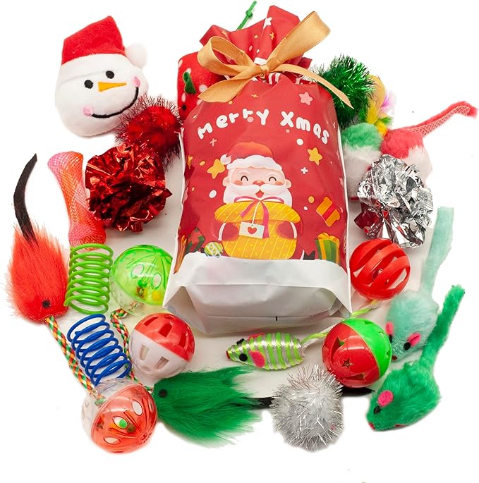 Fashion's Talk Christmas Cat Toys 20 Count Kitten Gift Bag, Holiday Variety Pack for Indoor Cats,Xmas Set Assorted Toys Interactive Play