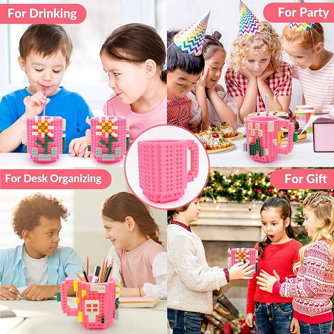 Build-on Brick Coffee Mug, Funny DIY Novelty Cup with Building Blocks Creative for Kids Men Women Xmas Birthday (Pink)