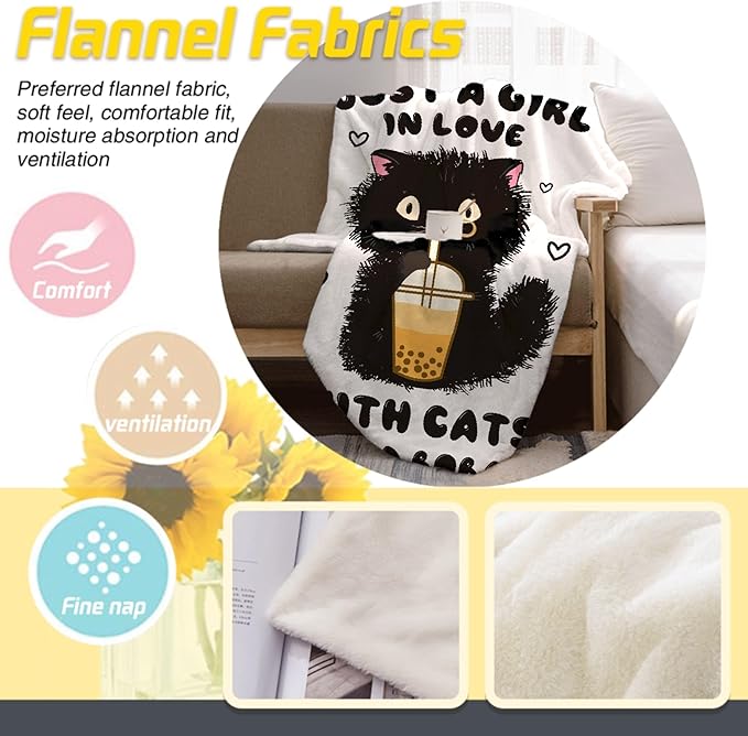Just A Girl Love Cats Throw Blanket Super Soft Cozy Black Cats Blanket for Girl Kid Adult Cat Lovers Gifts Cute Pet Cats Fleece Blanket for Couch Bed Sofa Chair Dorm Home Decor 50"x 40" Small for Kids
