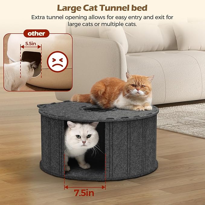 ComSaf Cat Donut Tunnel Bed - Peekaboo Cat Cave Bed for Indoor Cats, Large Pet House Round Cat Play Tunnel for Multiple Cats Up to 30 Lbs, 2 in 1 Detachable Felt Cat Hideaway Nap Rest Bed, Dark Grey