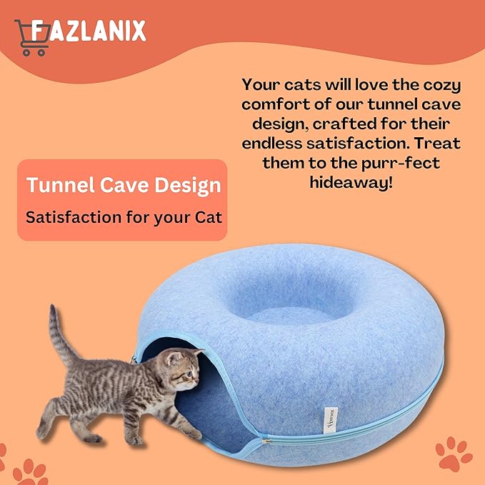 Medium Blue Pet Round Tunnel Cave | Toy Hiding Tent for Pets, Kittens, Rabbits, Puppies | Flexible Zipper Detachable Design Size 50x50x20cm, 0.72 Kg