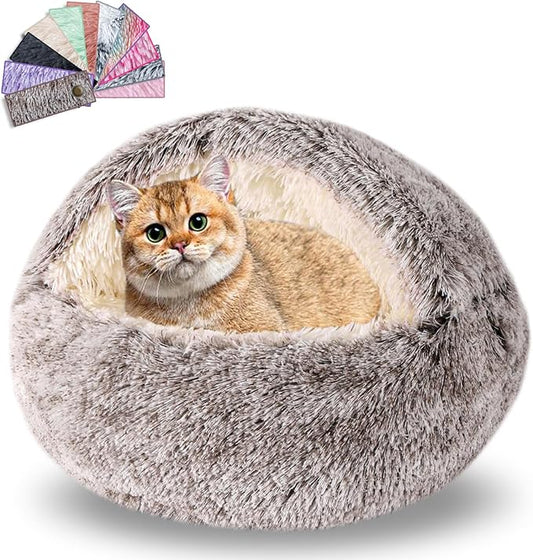 Calming Dog Beds & Cat Cave Bed with Hooded Cover,Washable Round Beds for Small Medium Pets,Anti-Slip Faux Fur Fluffy Coved Bed,Comfortable Warming Pet Bed (20 * 20inch,Khaki)