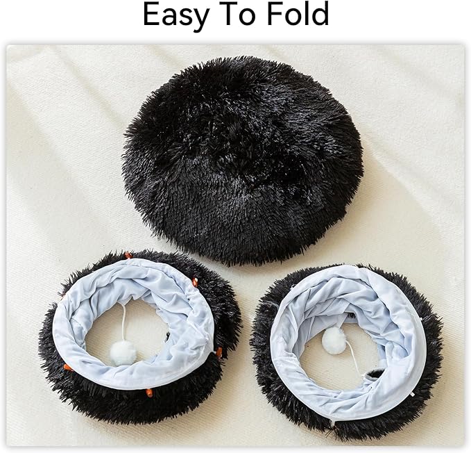 HIPIPET Winter Plush Cat Tunnel with Cat Bed for Indoor Cats,Multifunctional Cat Toys for Small Medium Large Cat. (Black)