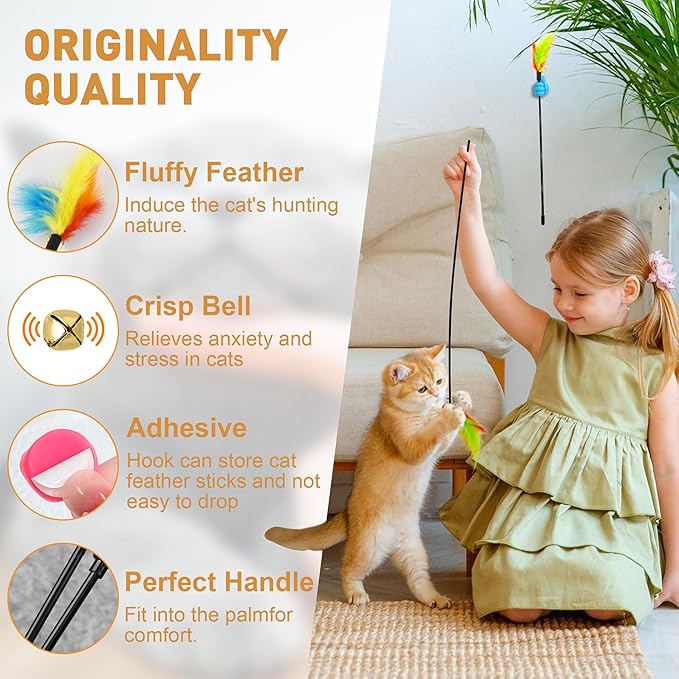 10Pcs Interactive Cat Toys Feather Toys Cat Toys Wand with 10Pcs Cat Teaser Stick Storage Holder for Indoor Cats to Chase and Exercise