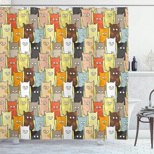 Ambesonne Cats Shower Curtain, Funny Colorful Graphic Kittens Cartoon Style Boys Girls Playroom, Cloth Fabric Bathroom Decor Set with Hooks, 69" W x 70" L, Pastel Pink Grey