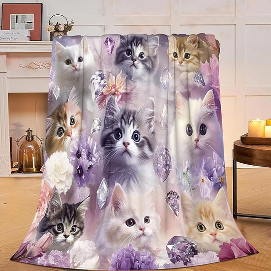 Kawaii Cat Blanket - Soft Cozy Kitten Plush Throw Blanket, Super Warm Fleece Fuzzy Bedding Blanket for Kids, Girls, Boys, Women Bed Decor Stuff, 60"X80