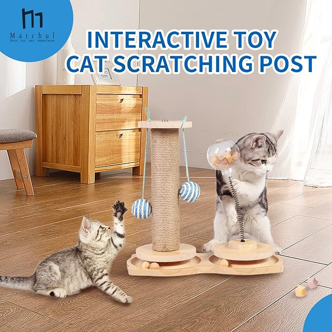 Marchul 4 in1 Interactive Cat Toy, Natural Sisal Cat Scratching Post with Hanging Balls, Cat Toys with Roller Track Ball by Wooden, Cat Food Feeder Toy with Treat Ball for Indoor Cats and Kittens