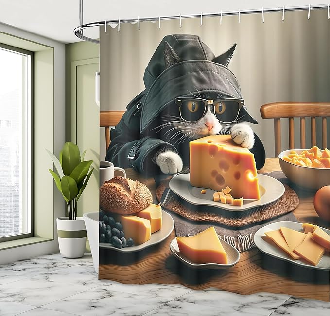 Ambesonne Cat Shower Curtain, Whimsical Kitty in a Mysterious Trench Coat Having a Feast with Cheese, Cloth Fabric Bathroom Decor Set with Hooks, 69" W x 84" L, Marigold and Charcoal Grey