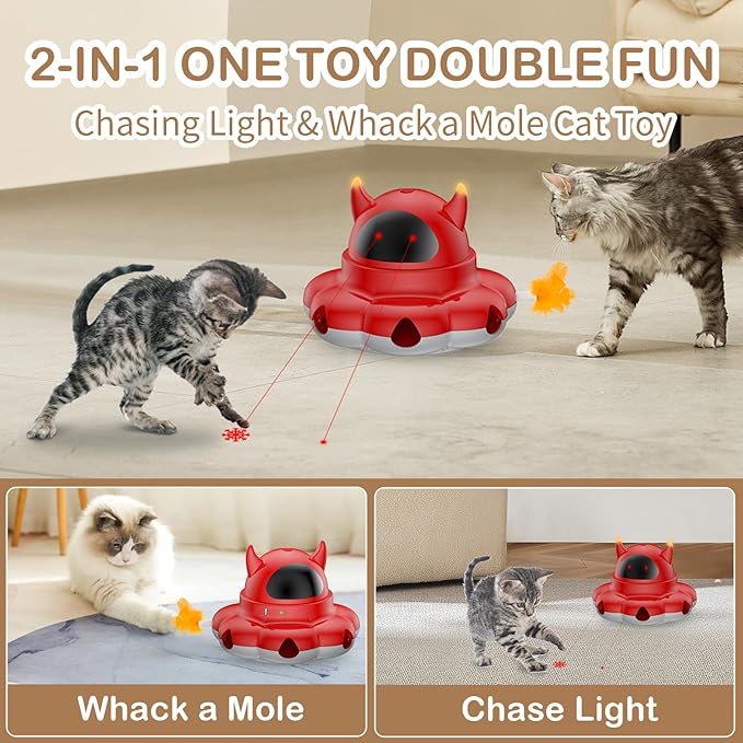2-in-1 Interactive Cat Toys for Indoor Cats, Automatic Cat Toy with 7 Holes Mice Whack A Mole Moving Feather, Smart Cat Toy (Red)