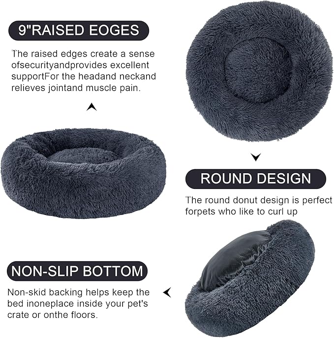Dog Bed Calming Dog Beds for Small Medium Large Dogs - Round Donut Washable Puppy Dog Bed, Anti-Slip Faux Fur Fluffy Donut Cuddle Anxiety Cat Pet Bed(24" Dark Grey)