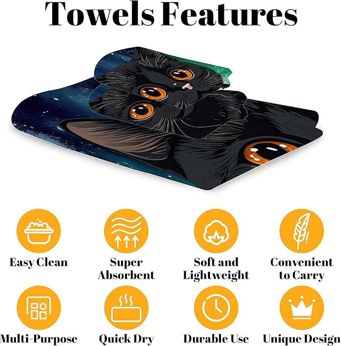 Gaming 3 Piece Towel Bathroom Sets, 1 Bath Towel, 1 Washcloth, 1 Hand Towel, Cotton Fast Dry Soft Absorbent Towel Set for Home Kitchen Family (Black Cat Watercolor)
