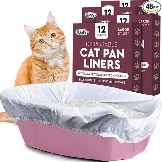 Alfapet Kitty Cat Litter box Disposable, Elastic Liners- 48-count-For Medium and Large, Size Litter Pans- With Sta-Put Technology for Firm, Easy Fit- Quick + Clever Waste Cleaners 4 pack
