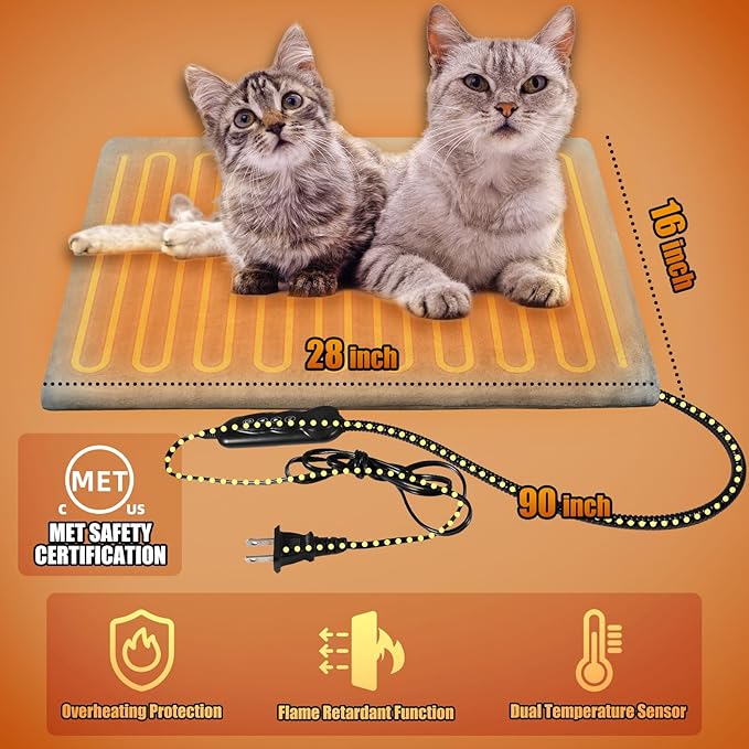 Cat Dog Heating Pad, 11 Adjustable Temperature Pet Heating Pad with 24h-Timer, Waterproof Heated Cat Bed with Chew Resistant Cord, Indoor Outdoor Electric Pads for Dogs, Pet Heated Mat 28X16in