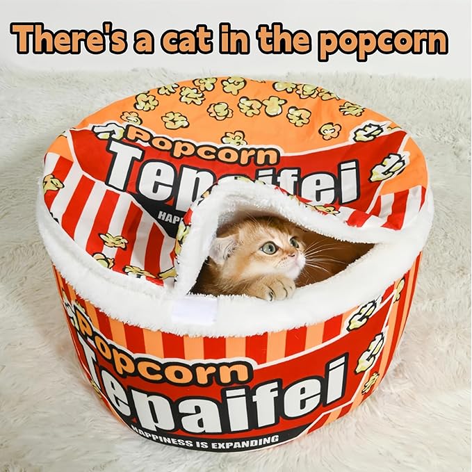 Popcorn Dog and Cat Bed - Warm Cat House for Indoor Cats, Ultra Soft Calming Dog Bed with Removable Washable Cushion for Small, Medium, and Large Dogs and Cats - Cheese