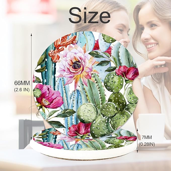 Cactus Pink Roses Flowers Car Coasters for Cup Holders, Car Accessories, 2 Pack Absorbent Ceramic Car Cup Holder Coasters for Drinks, for Women Men, Universal Non-Slip with Finger Notch