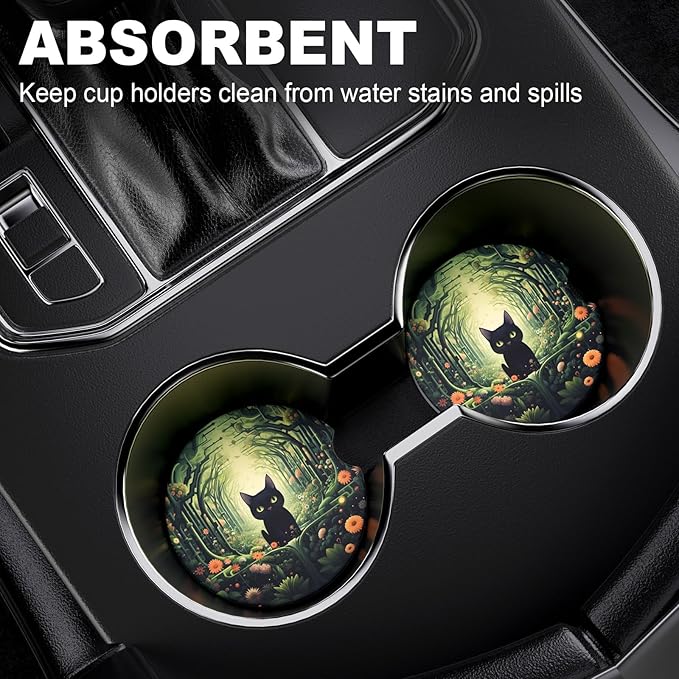 2 Pack Car Cup Holder Coaster, 2.63 inch Anti Slip Insert Absorbent Ceramic Car Coaster with Cork Base and Finger Notch, Cute Car Accessories Interior for Women, Cute Car Coasters., CH0025