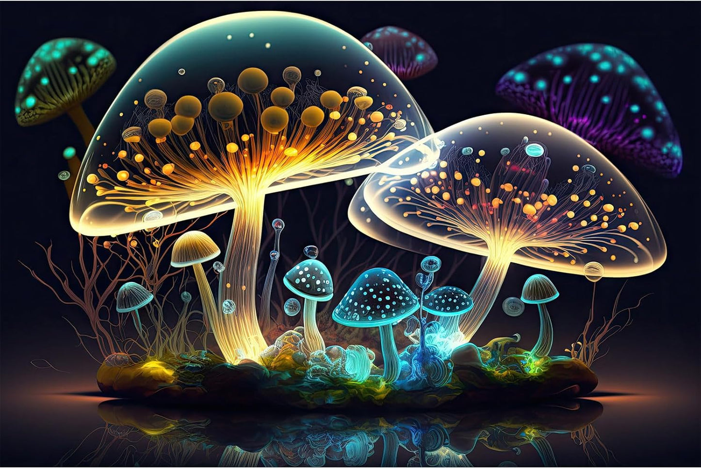 Mushroom Aquarium Background Abstract Glowing Fantasy Mushrooms Terrarium Background Mysterious Forest Magical Night In Circle Shape Crystal Glass Fish Tank Backdrop Decorations Vinyl 48x24in