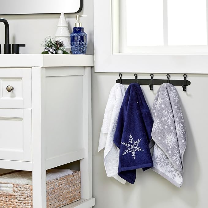 SKL Home Christmas Simple Snowflake Hand Towel 2pc Set for Bath/Kitchen/Bar & Gift, Navy