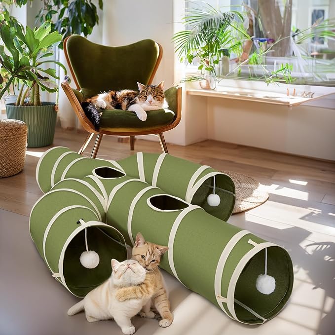 Ownpets Cat Tunnel Large 12 inch Diameter, Cactus-Shaped Cat Tunnel Toy, Sturdy Oxford Fabric Collapsible Cat Tunnels for Indoor Cats, Interactive Peek Hole Pet Tunnel Tube with Cat Wand Toy, Green